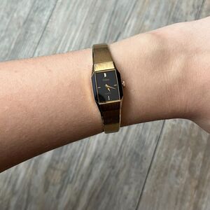 Pulsar Watch Vintage Gold Black Rectangle Square Small Dainty Old Money Antique